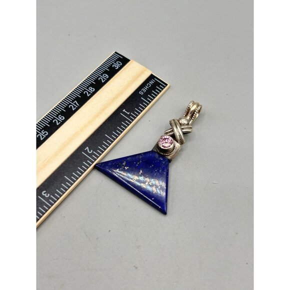 Triangle Blue Lapis Lazuli Sterling Silver Pendant with Pink Glass Stone - Picture 6 of 6